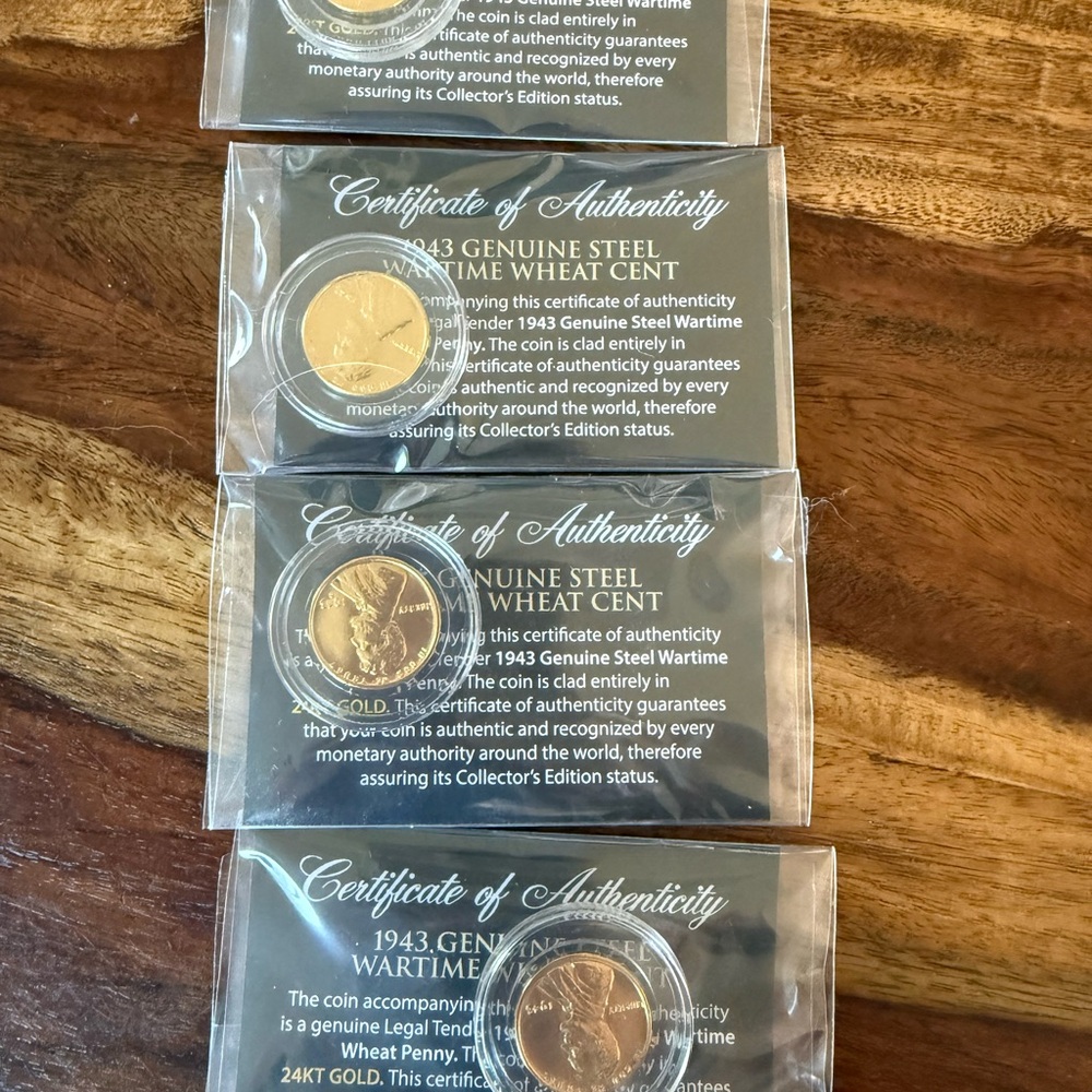 4 - 24k Gold Plated 1943 Steel Wheat Cent